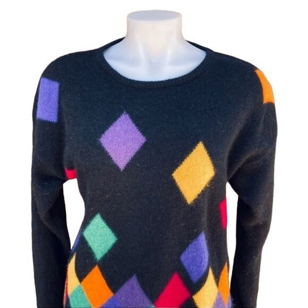 Vintage Casual Corner Wool Rabbit Sweater 90s Black Colorful Diamonds Size M - Picture 2 of 10